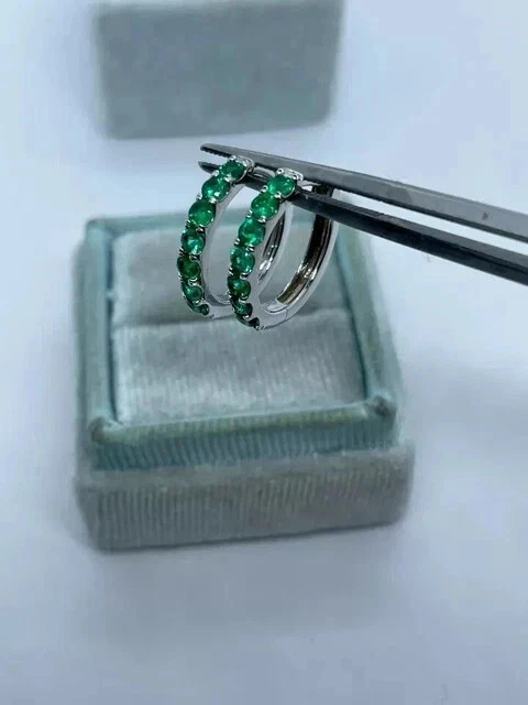 2Ct Round Cut Lab-Created Emerald Huggie Hoop Earrings 14K White Gold Plated - Image 4 of 4
