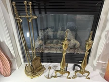 Vintage Brass Fireplace Tool Set, Brass Andirons And Brass Snuffer All Together
