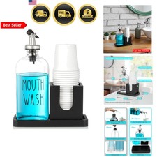 Glass Mouthwash Dispenser Bathroom Decor 16 OZ with Pour Spout Wood Tray