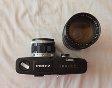 Black Brass Olympus Pen FV Half Frame Camera w/ 38mm f1.8 50-90mm f3.5 Lens