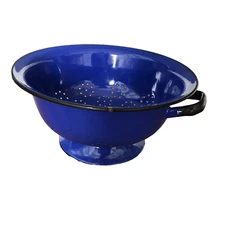 VTG Huta Silesia Blue Enamel Colander Strainer Poland MCM Farmhouse Rustic