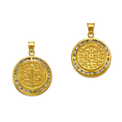 Saint St Benedict Medal Pendant 14K Solid Yellow Gold Religious Charm Two Sided - Picture 1 of 20