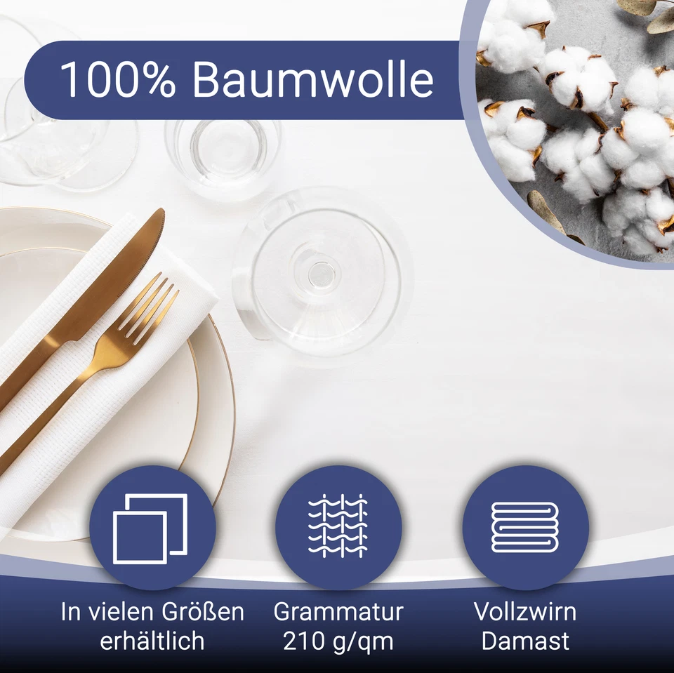 Damast Tischdecke TischtuchTischwäsche Atlaskante 100% Baumwolle weiß - Bild 3 von 4
