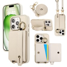 For iPhone 16 Pro Max 15 14 13 12 11 PU Crossbody Wallet Case with Wrist Strap