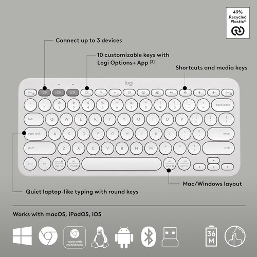 Pebble 2 Wireless Keyboard & Mouse Combo - Bluetooth, Quiet, & Portable - White - Afbeelding 8 van 11