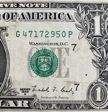 $1 ONE DOLLAR BILL Web Note 1988A - G-P Block - Run 8 - Plate # 5 / 8 - Chicago