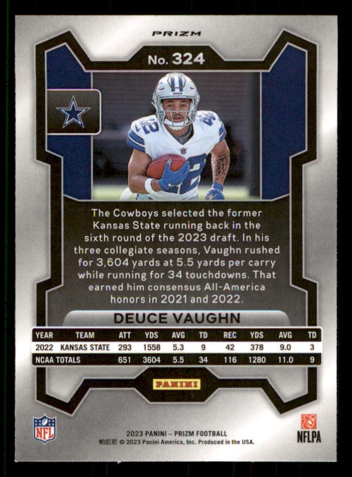 2023 Panini Prizm Prizms Purple Pulsar #324 Deuce Vaughn - Image 2 of 2