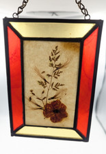 VINTAGE STAINED GLASS SUNCATCHER DRIED FLOWERS AND STAINED GLASS 5" X 7" COOL  