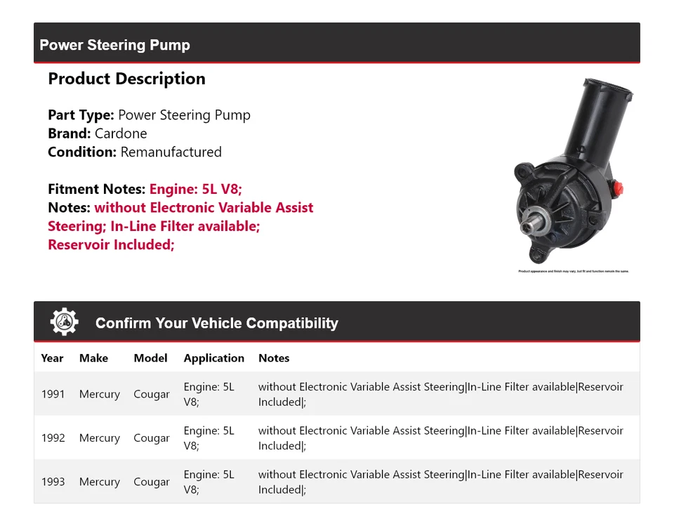 Bomba de dirección asistida Cardone 1992 para Mercury Cougar 1991-1993 5L V8 Foto 2 de 4