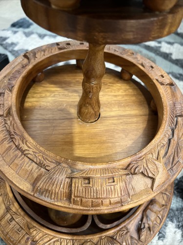 Vtg 3 Tier Hand Carved Monkey Pod Pineapple Lazy Susan Serving Party Tray Tiki - Picture 10 of 23