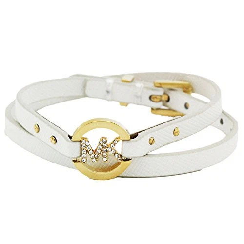 OFF WHITE BRACCIALE MICHAEL KORS TONO ORO PAVÈ LOGO DOPPIO AVVOLGIMENTO PELLE BIANCA MKJ3853