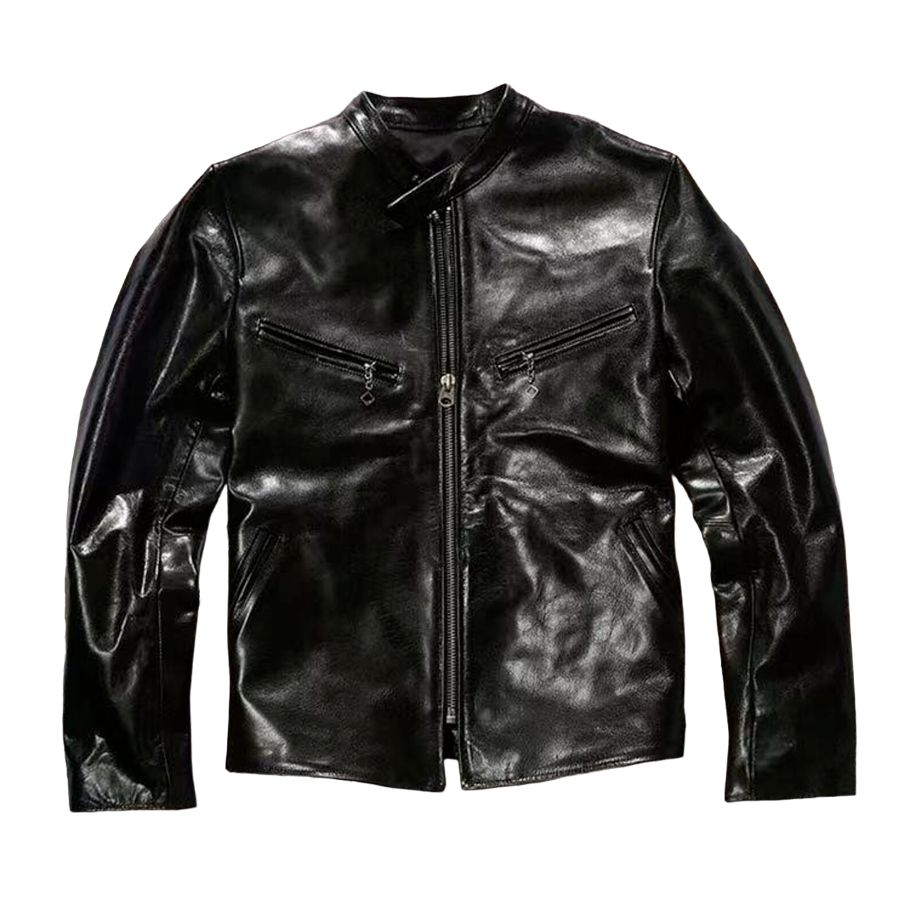 Black Slim Fit Cowhide Leather Bomber Jacket for Men – Waxed Motorcycle Riding Coat