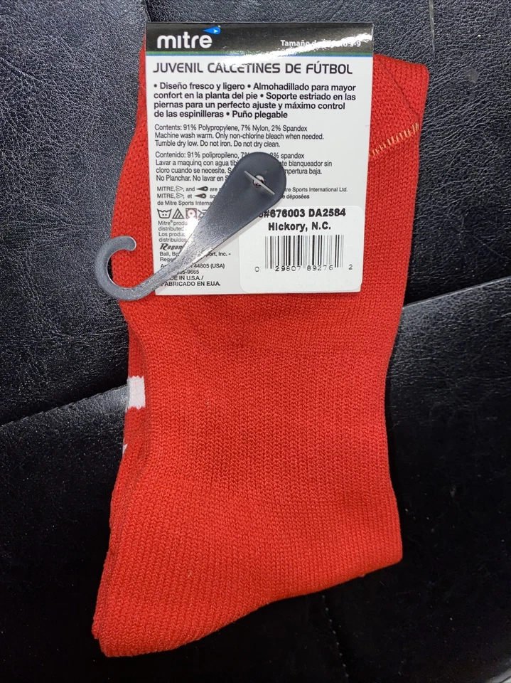 Mitre Youth Football Soccer Socks - Shoe Size 3-9 - Red - Made in USA - Image 2 of 3
