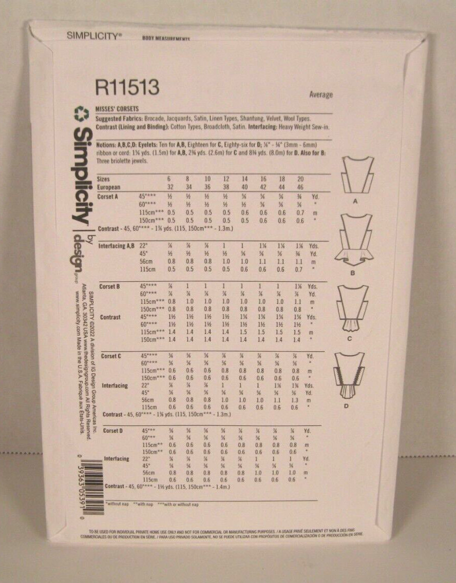Simplicity Costumes 11513 Corsets in 4 Styles Misses' 6-12 Pattern Uncut