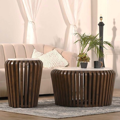 19 in. Round Brown Acacia Wood End Table w/ Marble Top Living Room Side Table - Picture 5 of 5