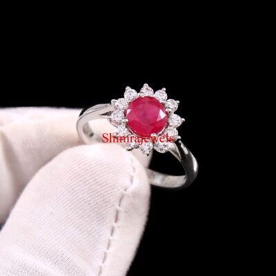 Heated Ruby Gemstone With 18k White Gold Plated Silver Women's Ring #567