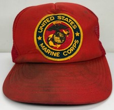 Vintage United States Marine Corps Patch Trucker SnapBack Hat Red Mesh Back READ