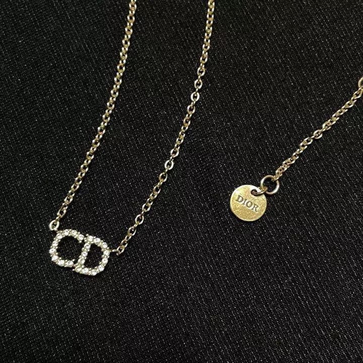 Christian Dior Clair D Lune Necklace Gold Metal CD Logo White Crystal Chain 43cm