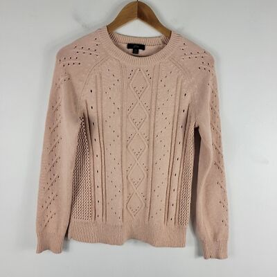 Cotton Cable Knit Pointelle Long Sleeve Crew Neck Sweater