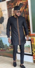 Black with Gold Embroidery Men's Long Sleeve Shirt and Pants African Clothing