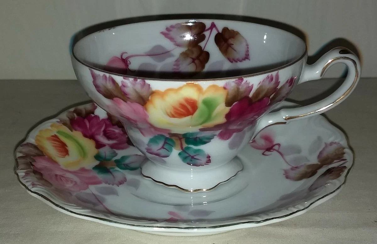 Saji Fancy China Occupied Japan Cup/Saucer Hand-painted Floral Excellent Cond