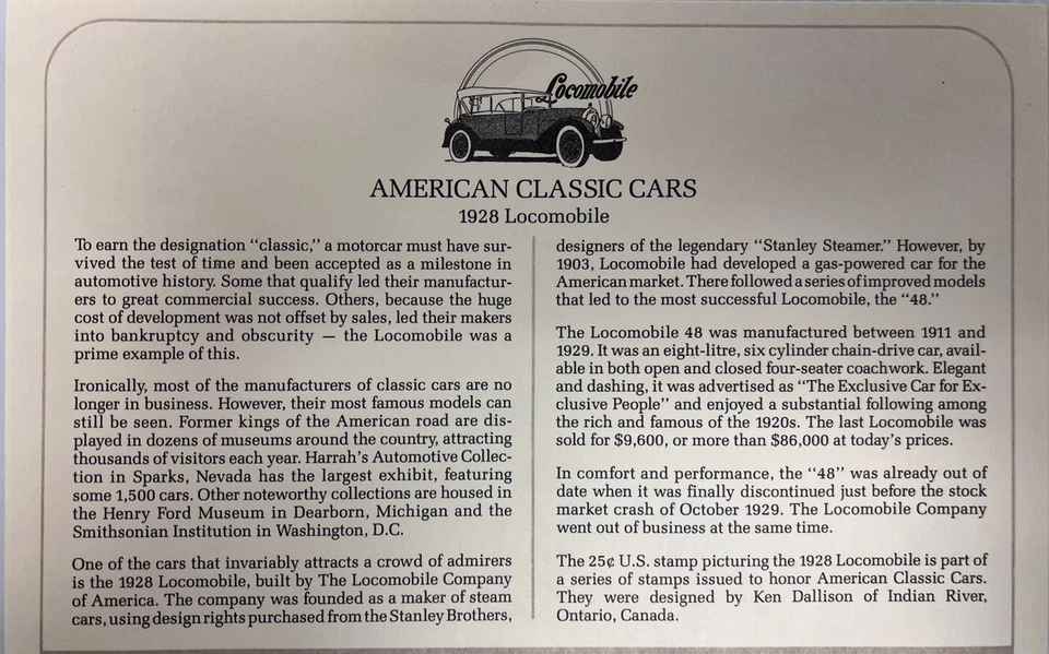 American Classic Cars Mail Cover FDC & Info Sheet 1928 Locomobile 1988 - Image 2 of 3