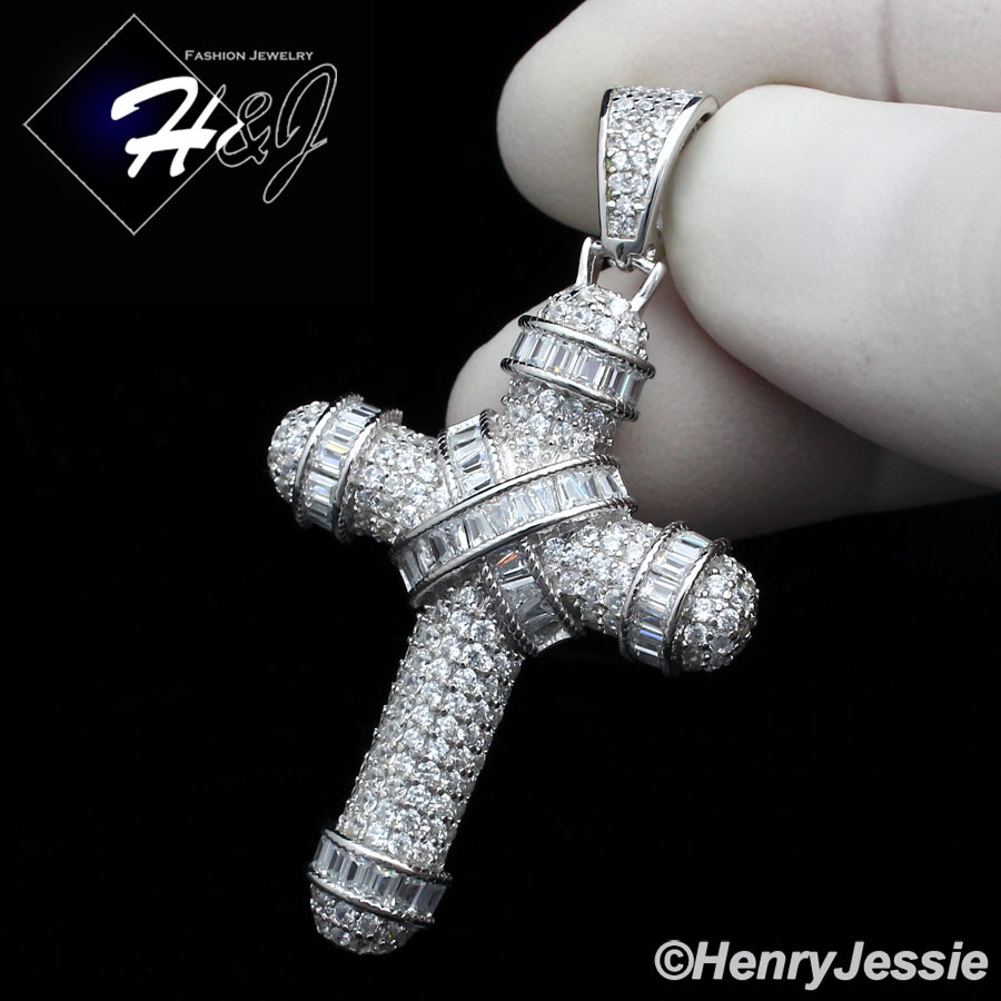 MEN SOLID 925 STERLING SILVER ICY BLING CUBIC ZIRCONIA 3D CROSS PENDANT ...