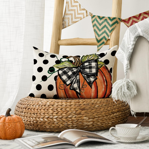 Fall Polka Dot Pumpkin Throw Pillow Cover 12X20 Inch, Seasonal Autumn Thanksgivi - Picture 5 of 7