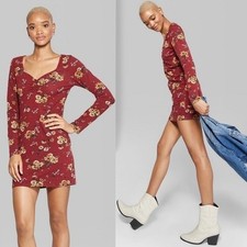 Wild Fable Burgundy Floral Ruched V-Neck Mini Dress Medium
