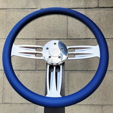 18 Inch Billet Big Rig Steering Wheel Double Barrel Royal Blue Vinyl Wrap Horn
