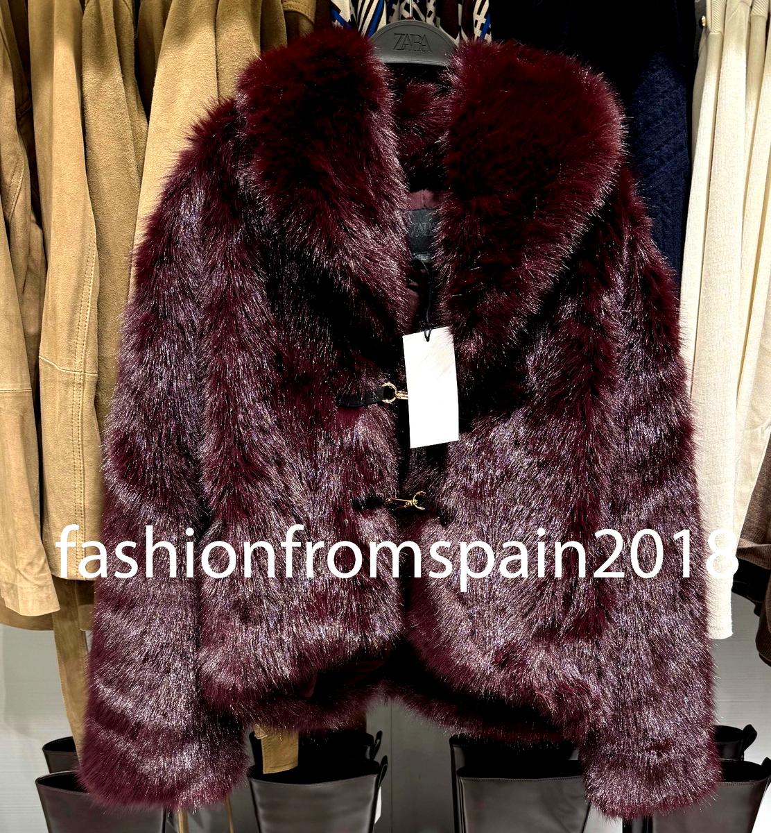 ZARA NEW WOMAN TOGGLE FAUX FUR JACKET BURGUNDY XS-XL 5854/222/681