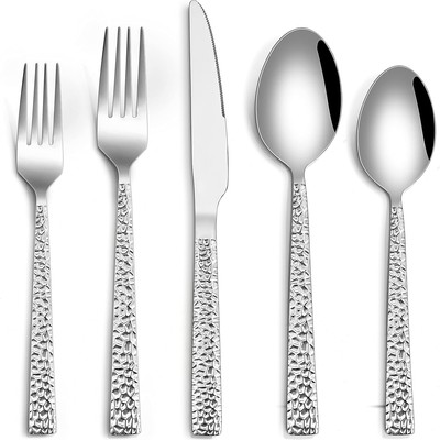 Hammered Silverware Set, 60-Piece Stainless Steel Flatware for 12, Modern 