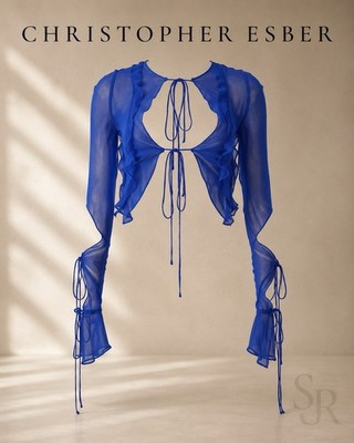 Christopher Esber Silk Chiffon Tie Front Sheer Shirt Cobalt Blue Cropped Top US2