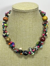Multicolour Chunky Beaded Statement Necklace Wood Shell Glass Button Clasp