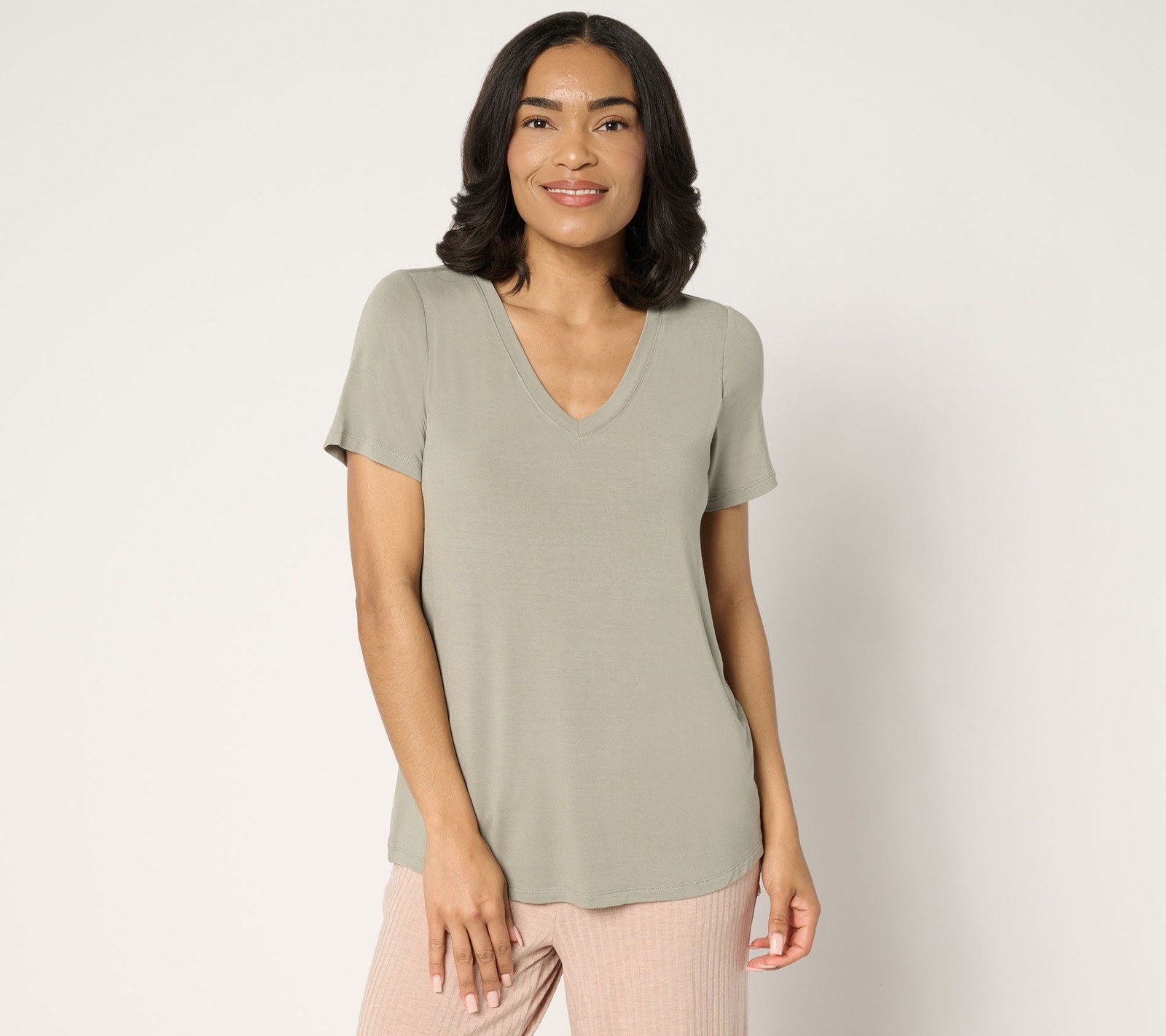 Soul Women's Top Sz L Soothing Jersey Short Sleeve V-Neck with Green A708694