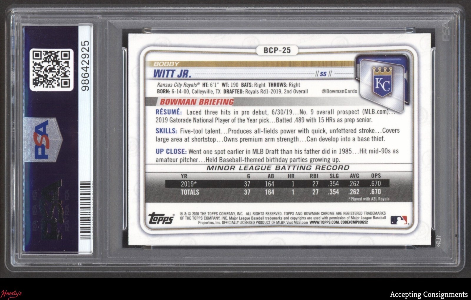 2020 Bowman Chrome Prospects #BCP25 Bobby Witt Jr. 1st ROOKIE ROYALS PSA 10 GEM view 2