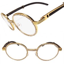 Oval Gold Frame with Crystals on the Edge Hip Hop Rapper DJ Clear Lens Glasses