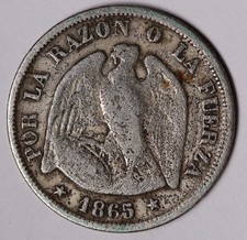 1865 Chile 20 Centavos Silver Coin KM# 135
