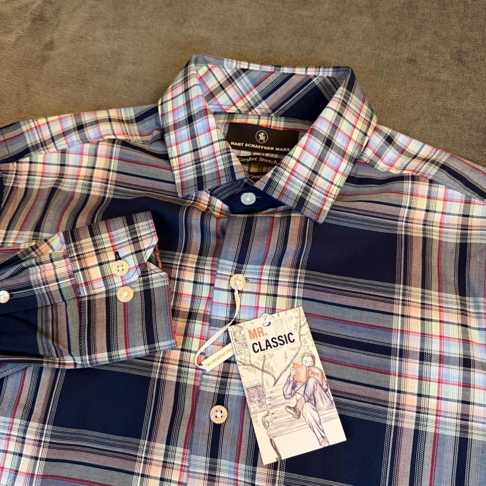 Hart Schaffner Marx Mens Small Navy Plaid American Grown Button Up Shirt NEW