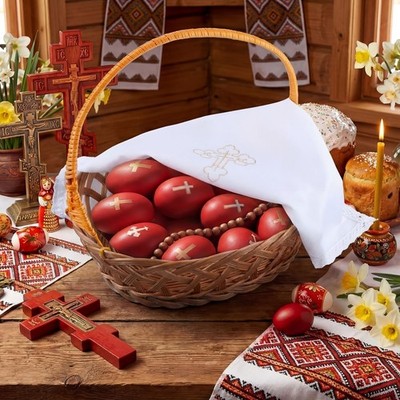 Easter Orthodox Wicker Basket with 16'' Square Embroidered Cross Cloth Cover P...