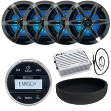 Enrock Marine Receiver, 4x 6.5" LED Chrome Speakers, Amplifier, Cover, Antenna