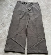 Vintage Men  s Flat Front Brown Check 100 Wool Cuffed Trousers Dress Pants 34x29