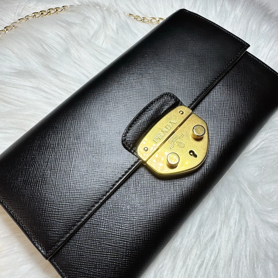 PRADA Saffiano Leather Black Crossbody Shoulder Bag Clutch Chain Purse mini - Image 2 of 4