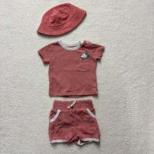 Baby Girl Salmon Mickey Mouse 3-Piece Set Shirt Shorts Hat 12 Months Disney Baby