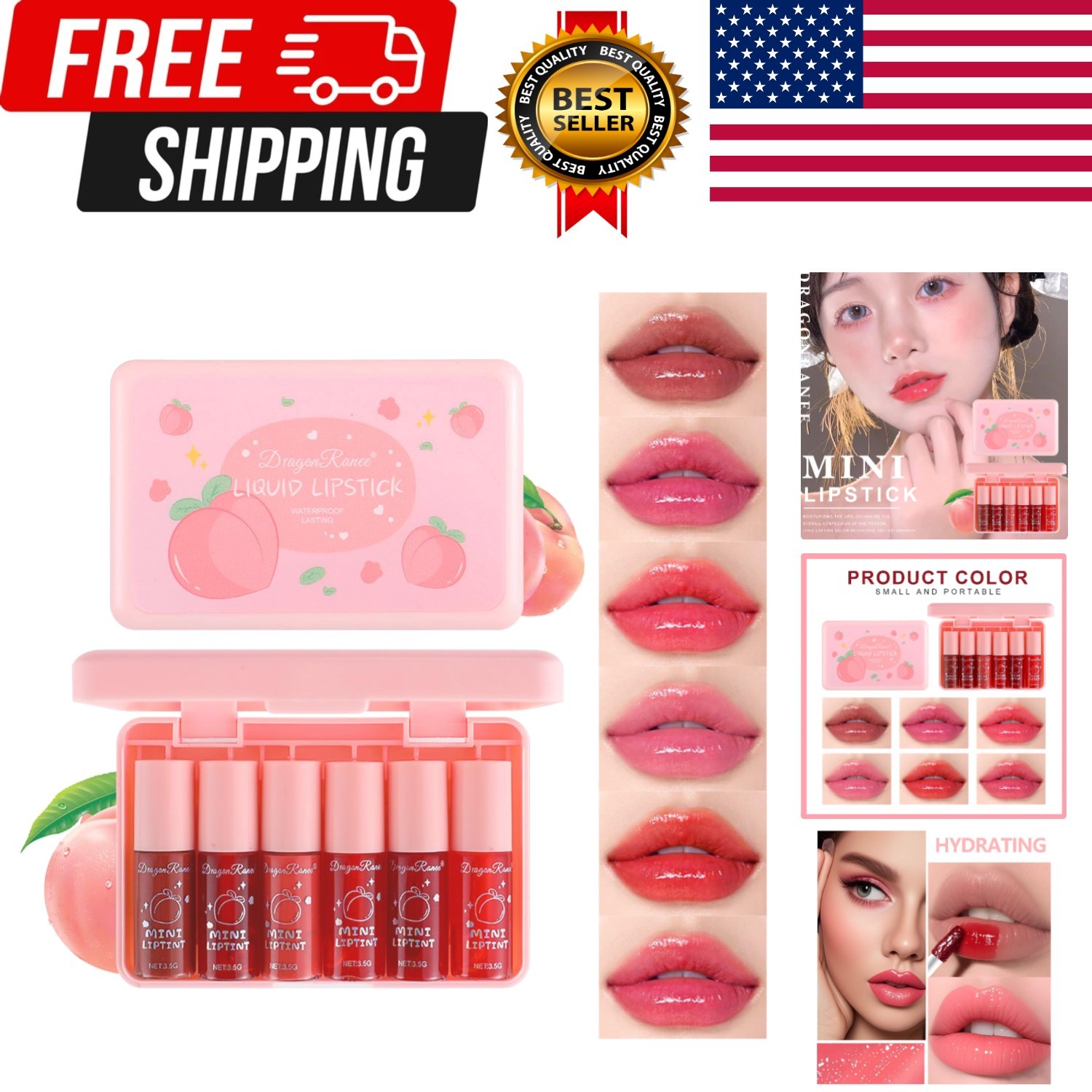 Eakroo 6 Colors Peach Lip Stain Set, Korean Lip Gloss Mini Liquid