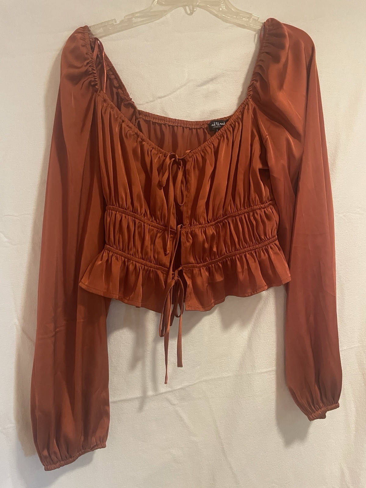 Mixed Thread Rust Ruched Tie Front Long Sleeve To… - image 2