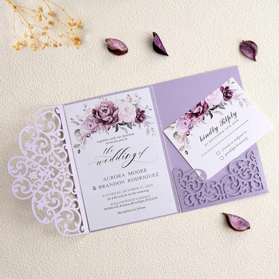 50 pcs Purple Wedding Invitations 5�7 Personalized Invitations with Envelopes...