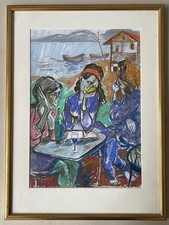 Pastello Moderno Donne Am Tavolo Cafe Con Lago Im Sfondo Illeggibili Autografato