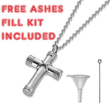 CREMATION MEMORIAL CROSS URN FREE ASHES FILL KIT Pendant On 925 Silver 28" Chain