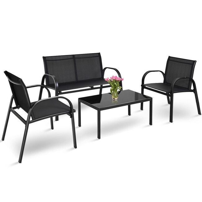 4PCS Black Furniture Set Chairs Glass Top Coffee Table Patio Garden Steel Frame